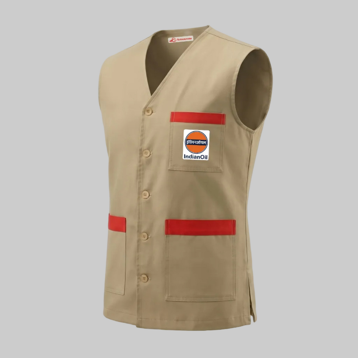 A beige IOCL bunk waistcoat with red stripe accents and a visible IndianOil logo patch on the chest, shown on a light gray background with the IndianOil logo at the top and text reading 'IOCL Bunk Waistcoat' at the bottom.